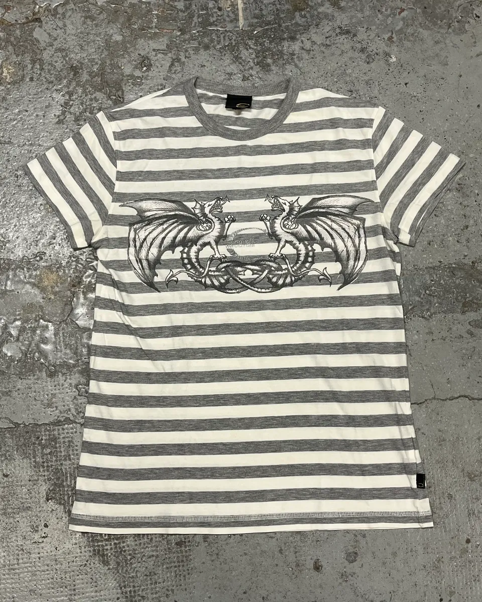 2000s Cavalli White & Grey Dragon Striped T-Shirt