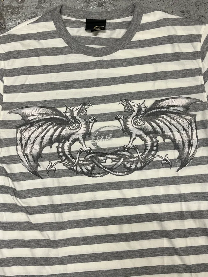 2000s Cavalli White & Grey Dragon Striped T-Shirt - Image 5