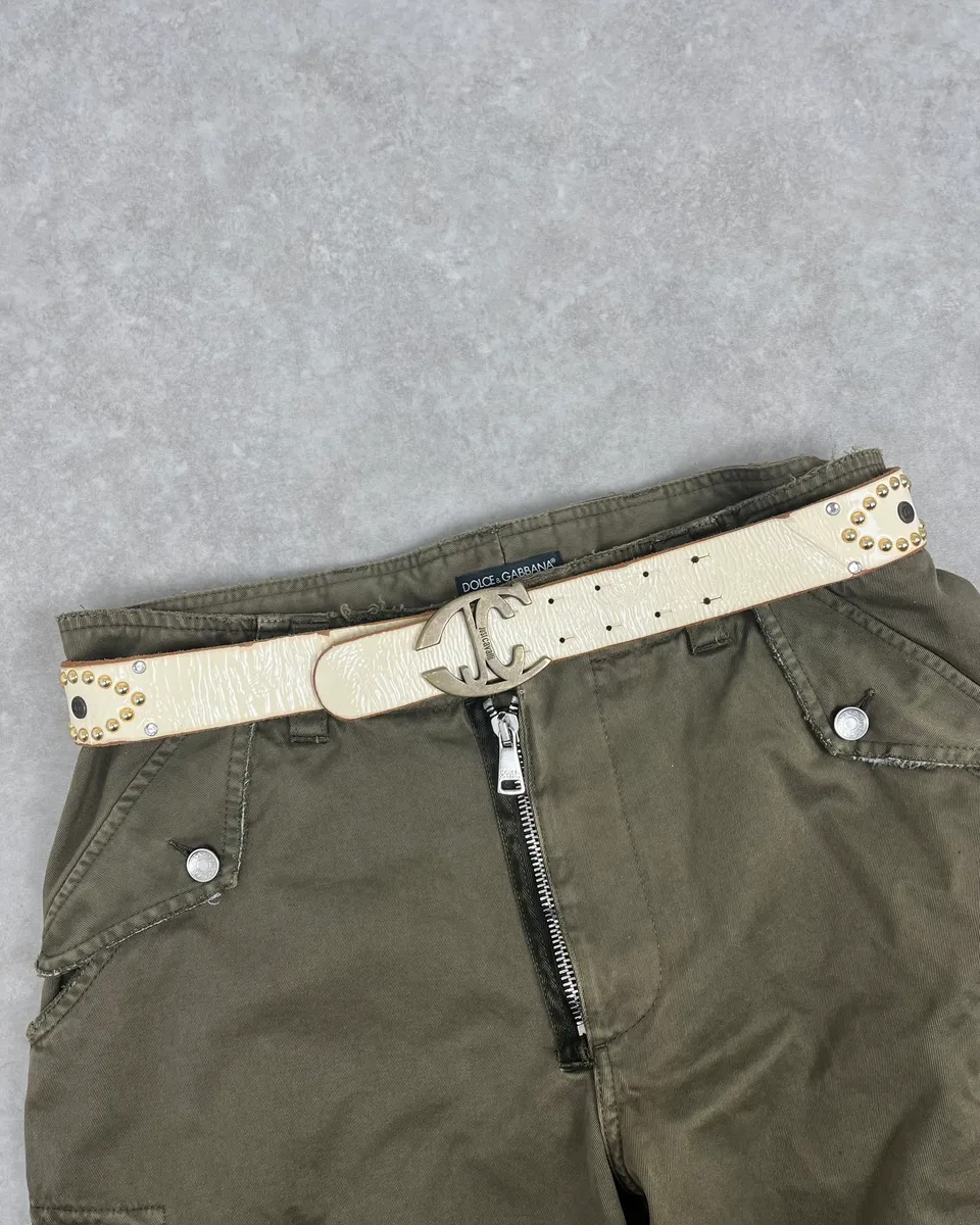 2000s Cavalli White Leather Studded Belt