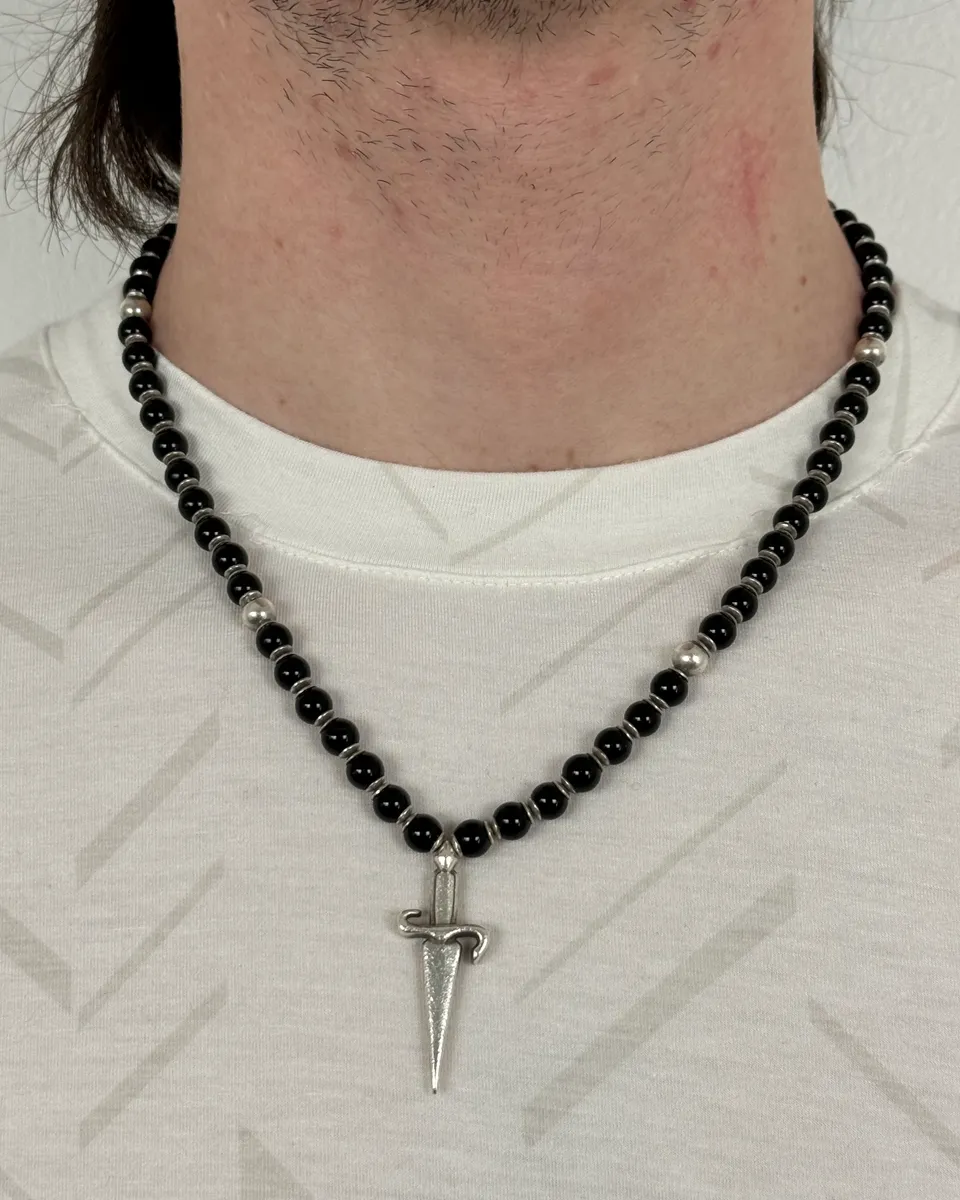 2000s Cesare Paciotti Dagger Black Pearls Silver Necklace - Image 2