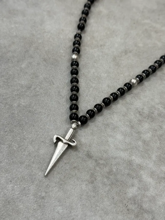 2000s Cesare Paciotti Dagger Black Pearls Silver Necklace - Image 3