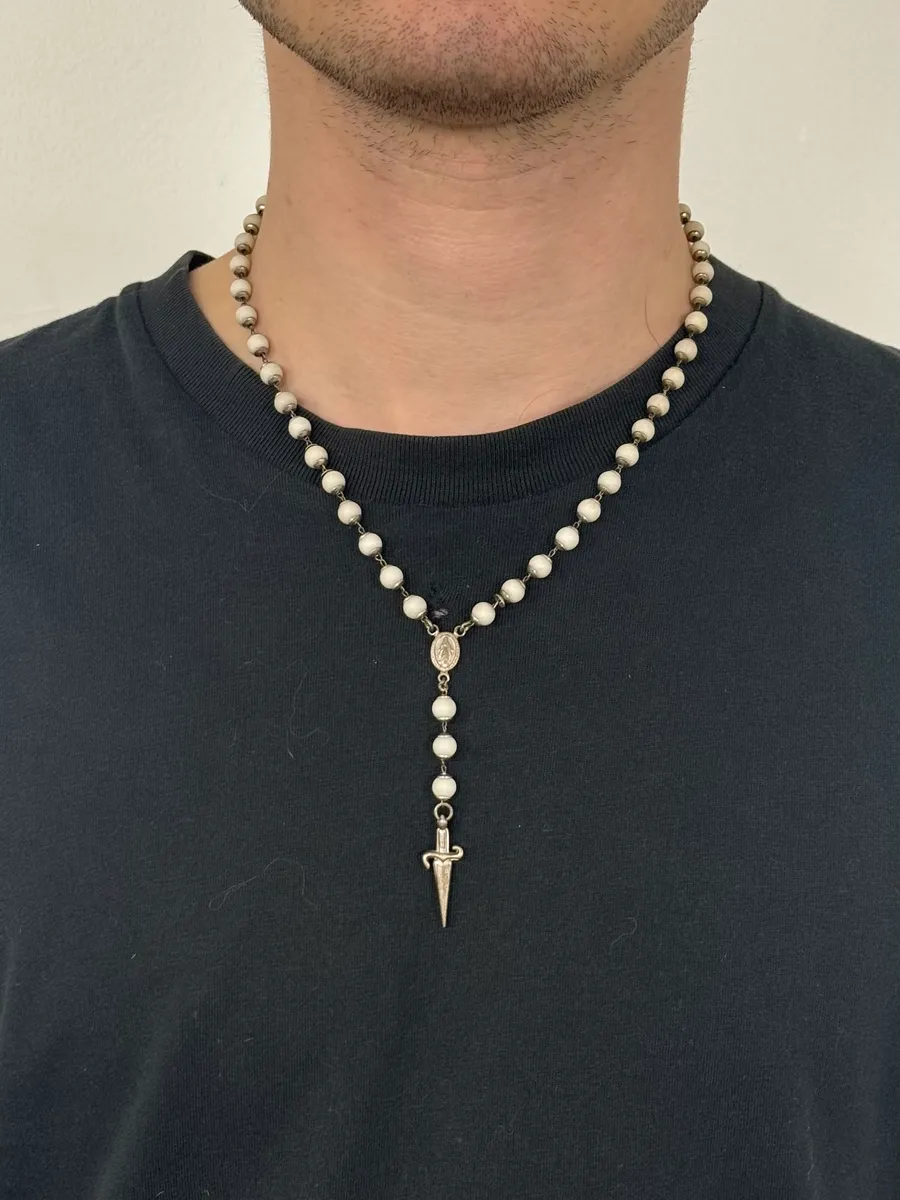 2000s Cesare Paciotti Dagger Rosary White Pearls Silver Necklace - Image 2