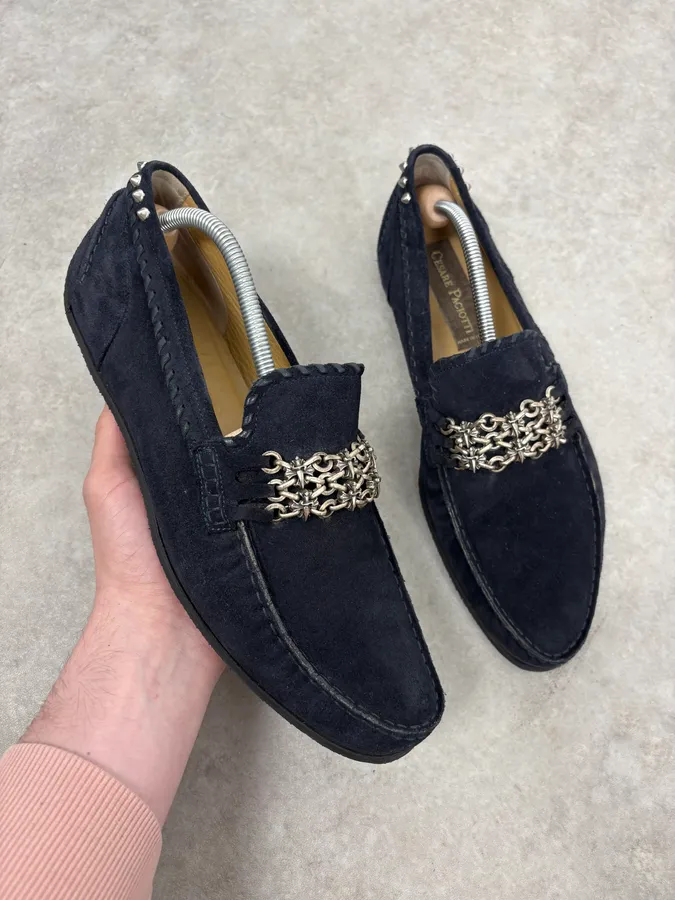 2000s Cesare Paciotti Navy Suede Ornamental Chain Loafers