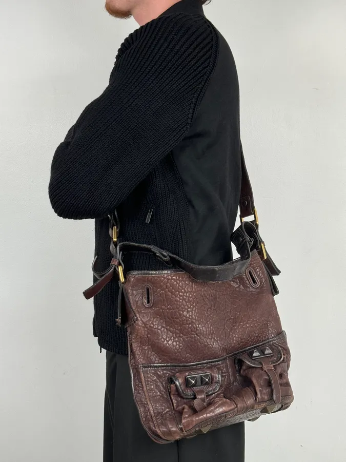 2000s Chloé Brown Grained Leather Studded Shoulder Bag - Image 2
