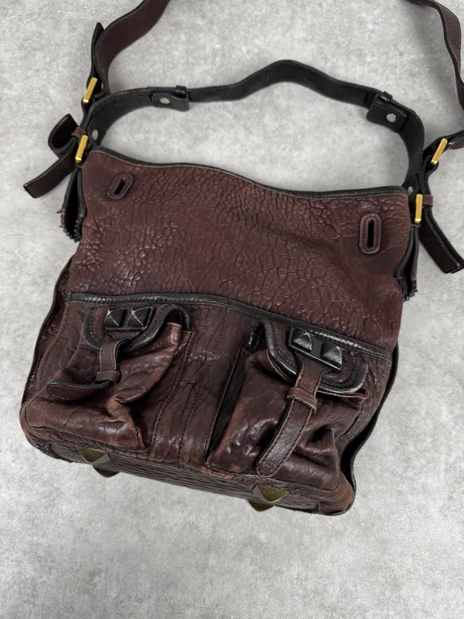 2000s Chloé Brown Grained Leather Studded Shoulder Bag - Image 5