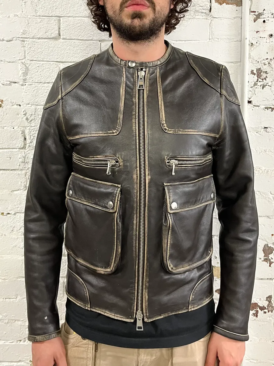 2000s Daniele Alessandrini Aged Brown Leather Jacket - Image 2