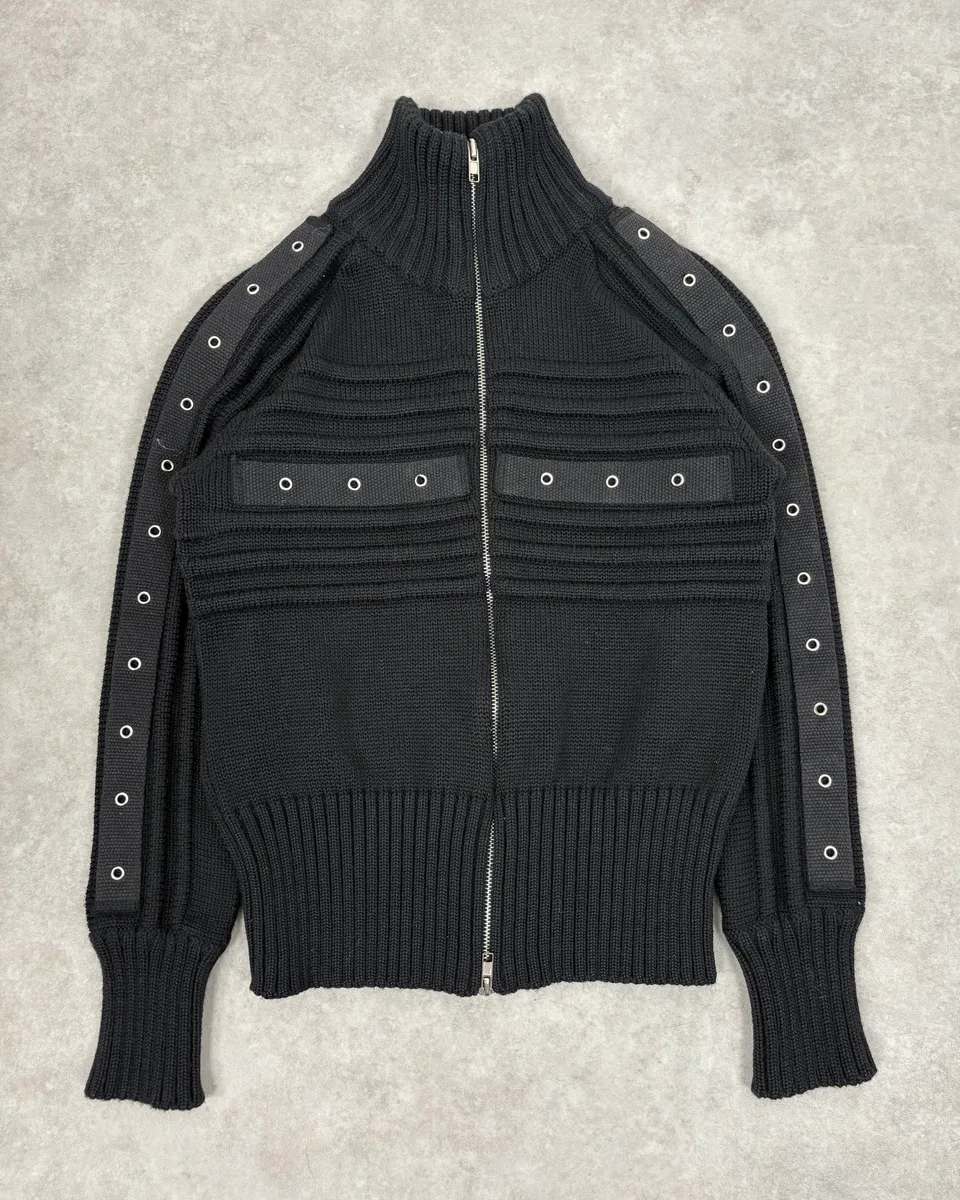 2000s Daniele Alessandrini Black Eyelet Zip Wool Sweater