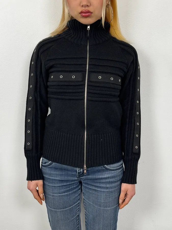 2000s Daniele Alessandrini Black Eyelet Zip Wool Sweater - Image 2