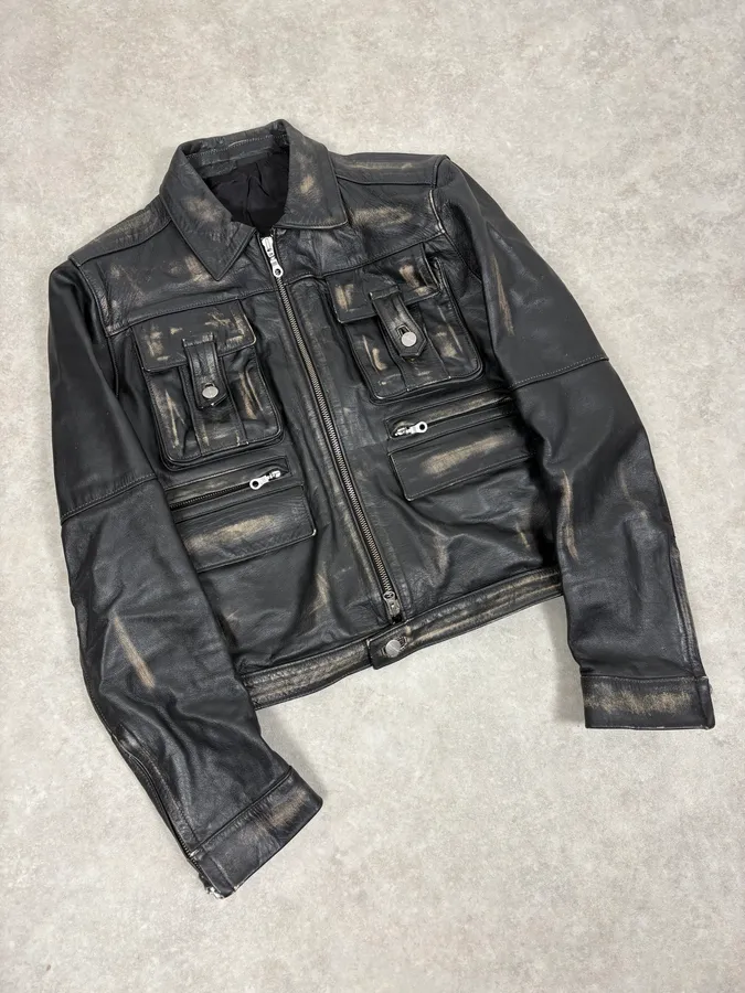 2000s Daniele Alessandrini Black Faded Leather Trucker Jacket - Image 4