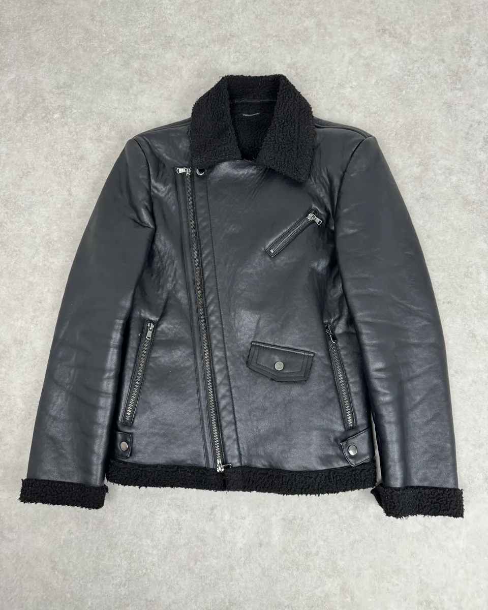 2000s Daniele Alessandrini Black Leather Shearling Jacket - Image 2