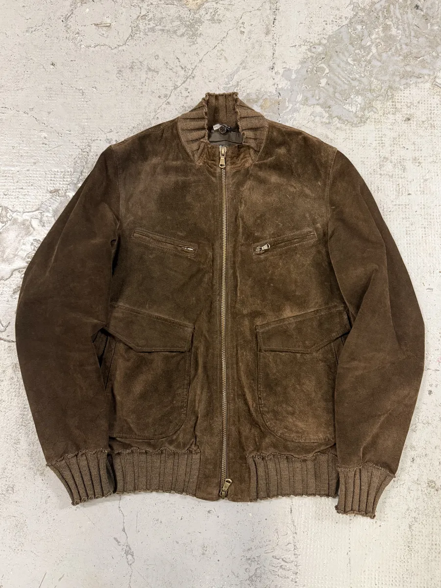 2000s Daniele Alessandrini Brown Suede Leather Distressed Bomber Jacket