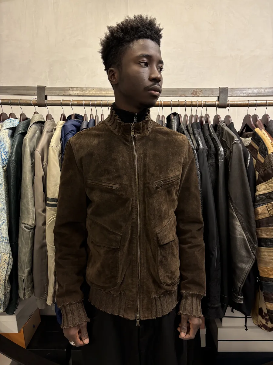 2000s Daniele Alessandrini Brown Suede Leather Distressed Bomber Jacket - Image 2