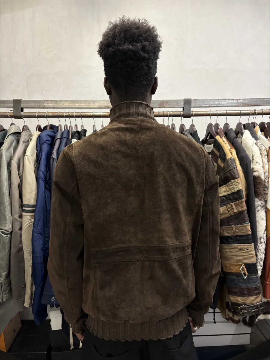 2000s Daniele Alessandrini Brown Suede Leather Distressed Bomber Jacket - Image 3