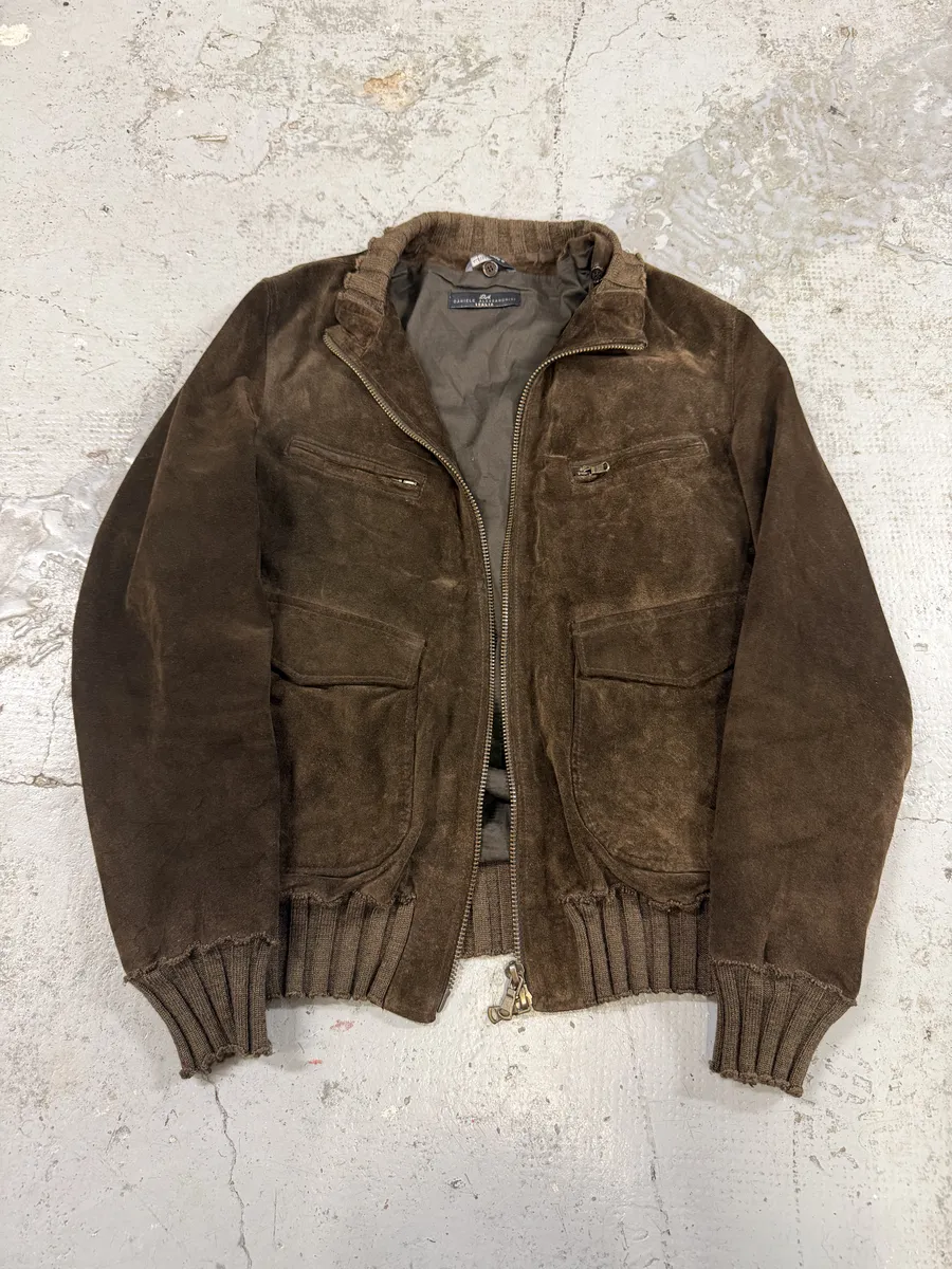 2000s Daniele Alessandrini Brown Suede Leather Distressed Bomber Jacket - Image 9