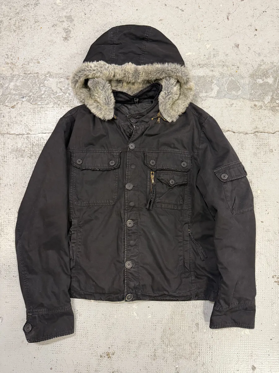 2000s Daniele Alessandrini Military Black Multi Pockets Faux Fur Jacket - Image 5