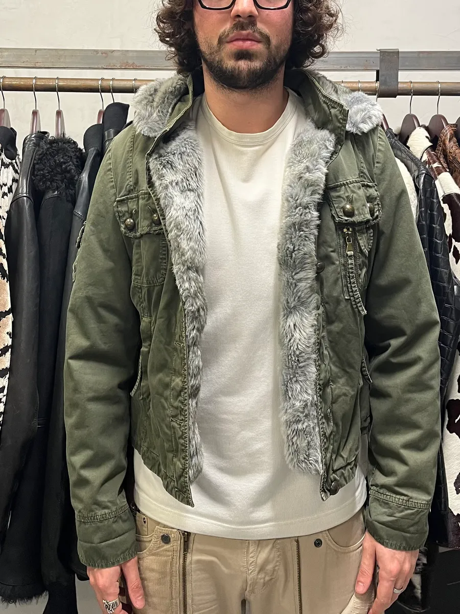 2000s Daniele Alessandrini Military Green Multi Pockets Faux Fur Jacket - Image 2