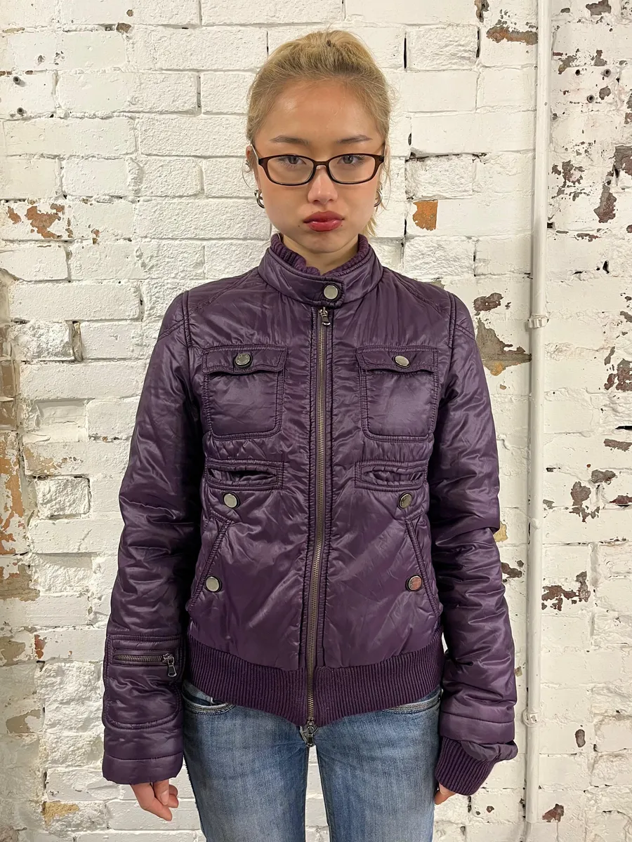 2000s Daniele Alessandrini Purple Patent British Puffer Jacket - Image 2