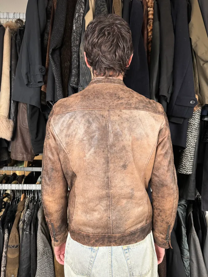 2000s Daniele Alessandrini Raw Aged Brown Leather Jacket - Image 3