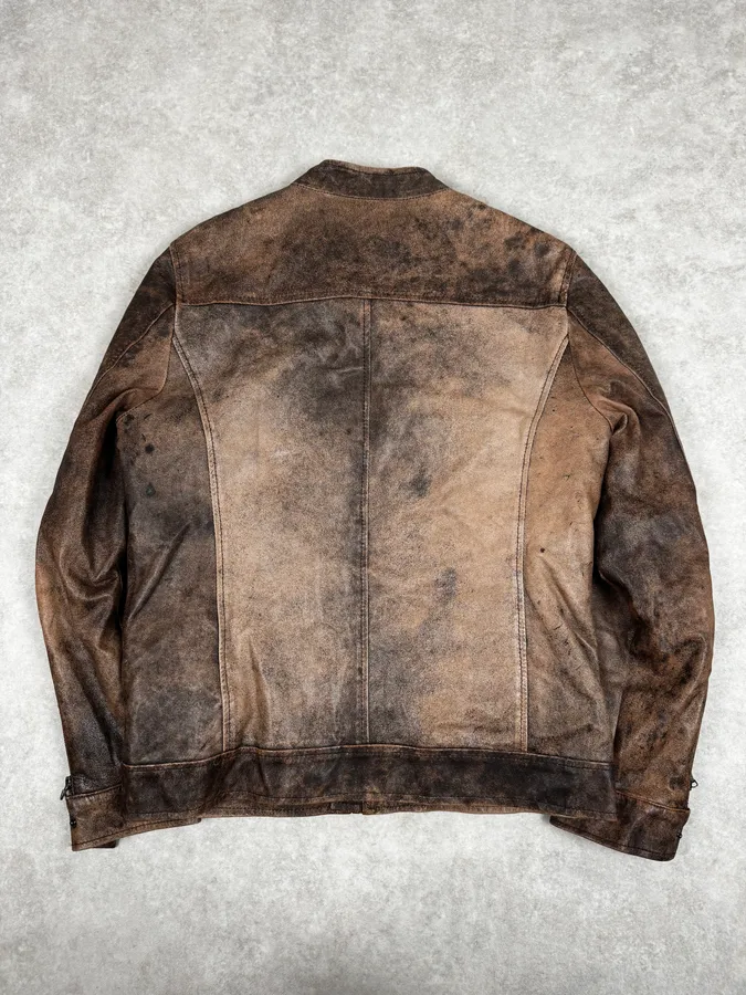 2000s Daniele Alessandrini Raw Aged Brown Leather Jacket - Image 4