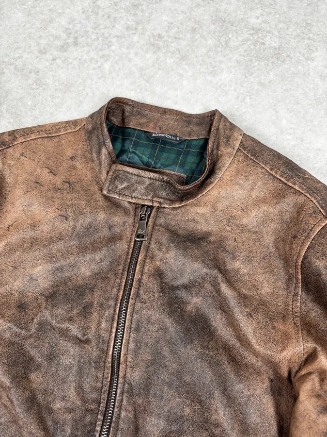 2000s Daniele Alessandrini Raw Aged Brown Leather Jacket - Image 5