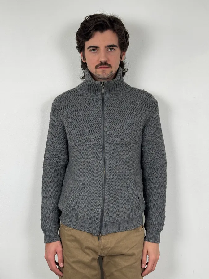 2000s Daniele Alessandrini Textured Classy Gray Wool Zip-Up Sweater - Image 2