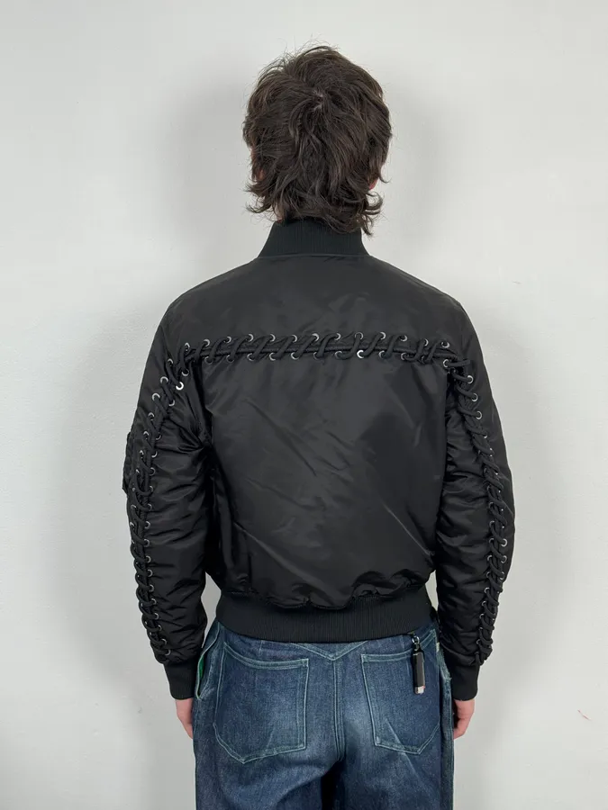 2000s Diesel Back Laced Black Bomber Jacket - Image 3