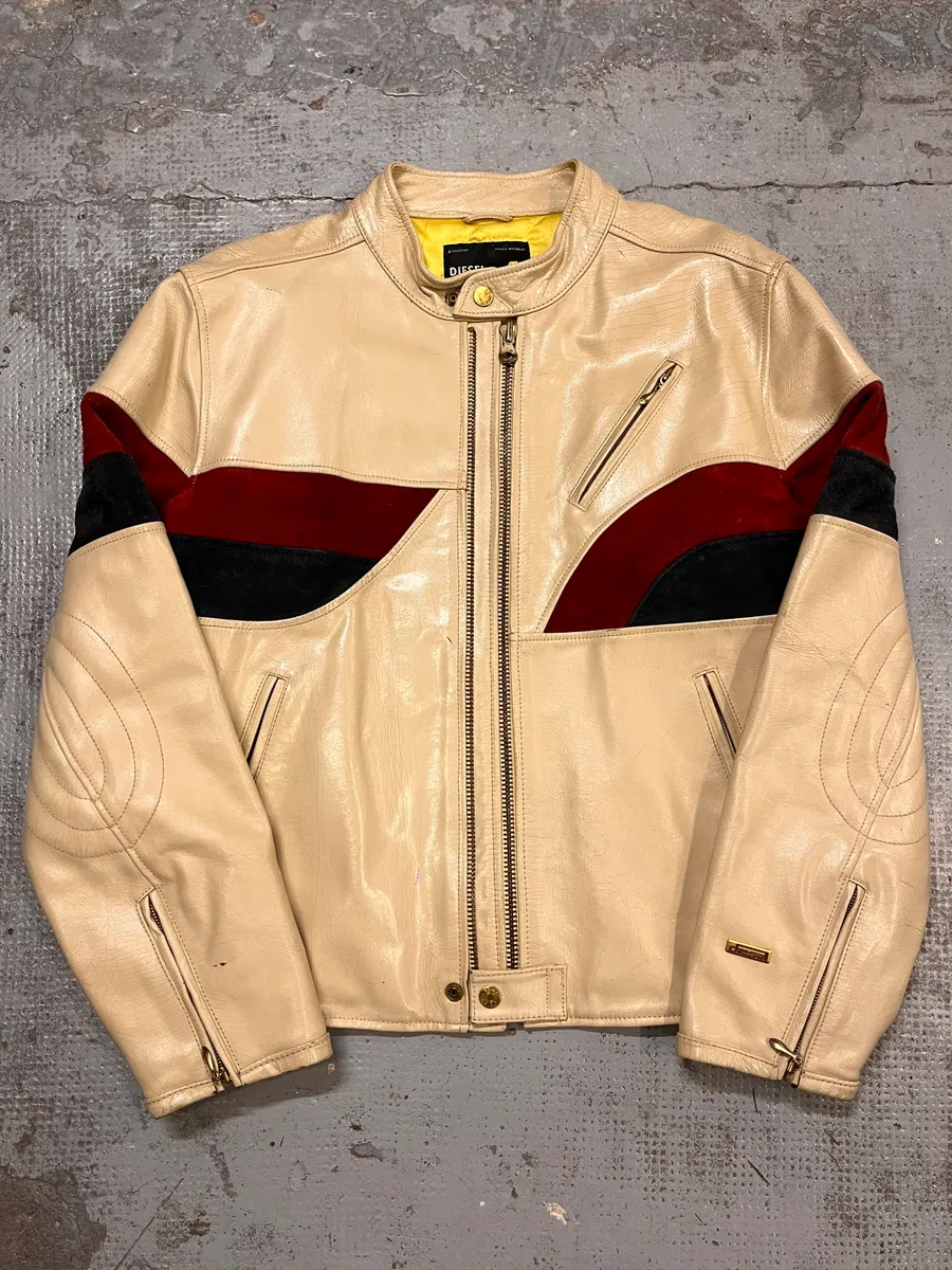 2000s Diesel Biker Cracked White Cream Leather Jacket