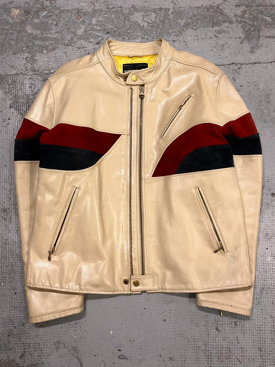 2000s Diesel Biker Cracked White Cream Leather Jacket - Image 4