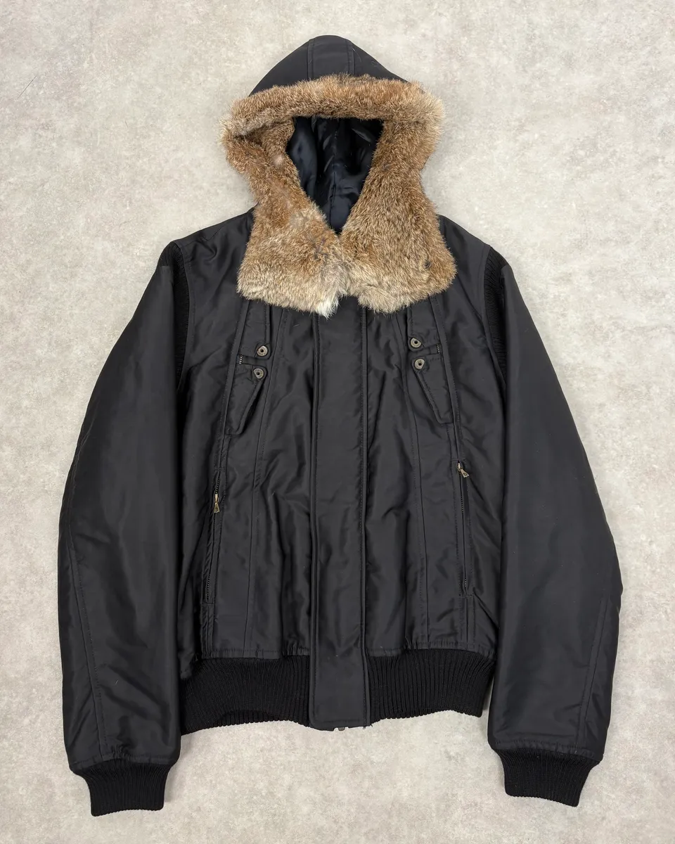 2000s Diesel Black Fur Collar Hooded Bomber Jacket