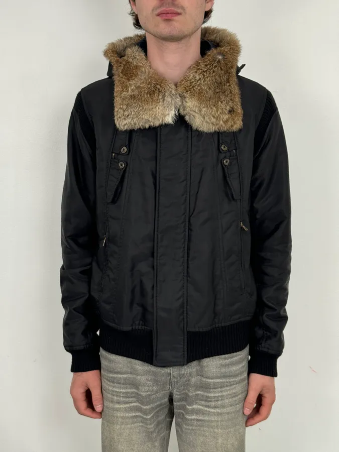 2000s Diesel Black Fur Collar Hooded Bomber Jacket - Image 2