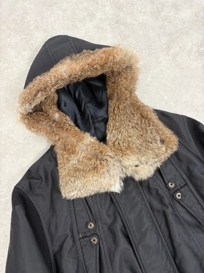 2000s Diesel Black Fur Collar Hooded Bomber Jacket - Image 5