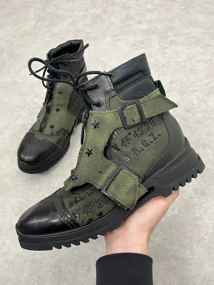 2000s Diesel Black & Green Military Combat Leather Boots