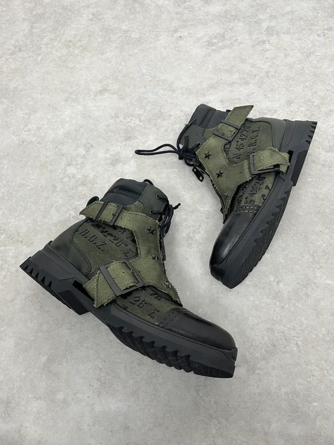 2000s Diesel Black & Green Military Combat Leather Boots - Image 2