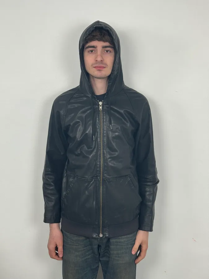 2000s Diesel Black Leather Hood Zip-Up Jacket - Image 3