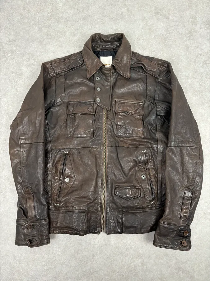 2000s Diesel Brown Avant-Garde Multi-Pocket Leather Jacket