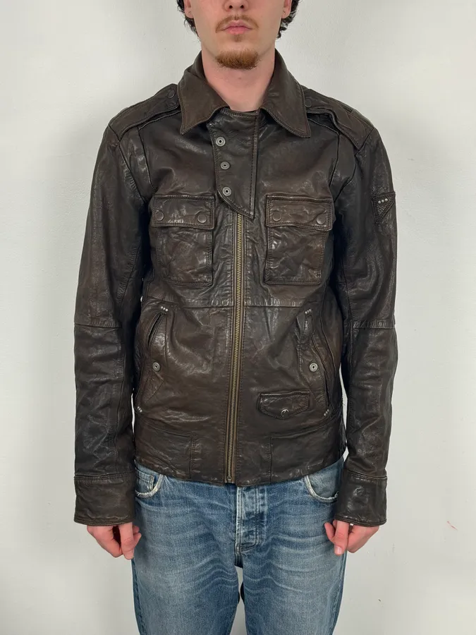2000s Diesel Brown Avant-Garde Multi-Pocket Leather Jacket - Image 2