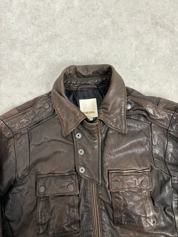 2000s Diesel Brown Avant-Garde Multi-Pocket Leather Jacket - Image 4