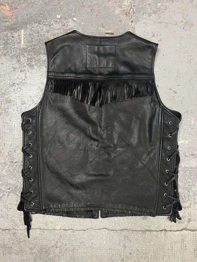 2000s Diesel Cowboy Black Leather Fringe Vest - Image 2