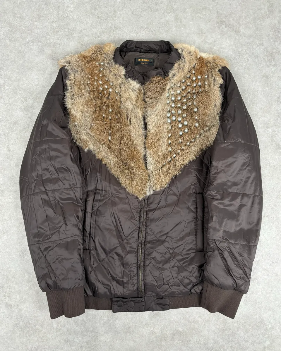 2000s Diesel Fur Studded Shoulders Brown Puffer Jacket