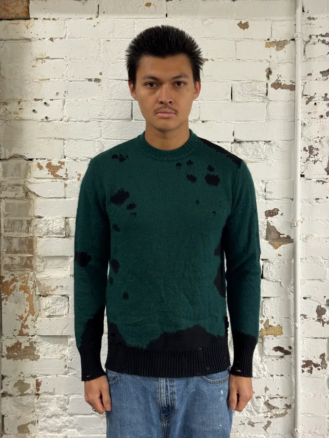2000s Diesel Green & Black Destroyed Wool Sweater - Image 2