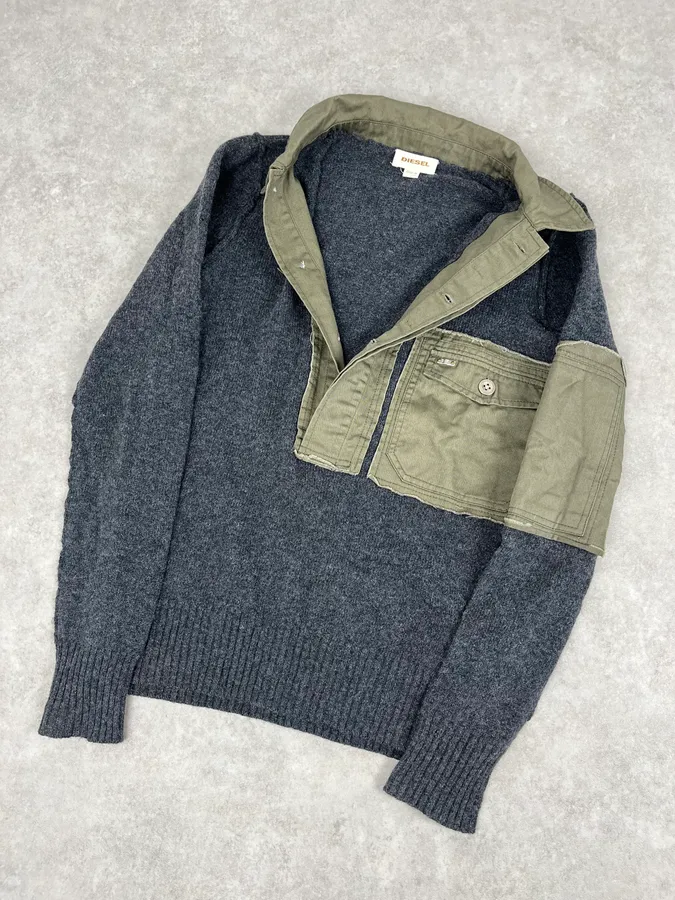 2000s Diesel Khaki Patchwork Grey Wool Polo Sweater - Image 5