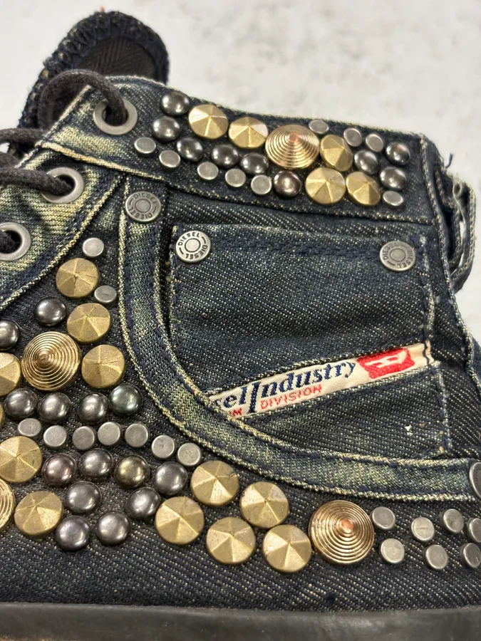 2000s Diesel Navy Denim Studded High Sneakers - Image 11