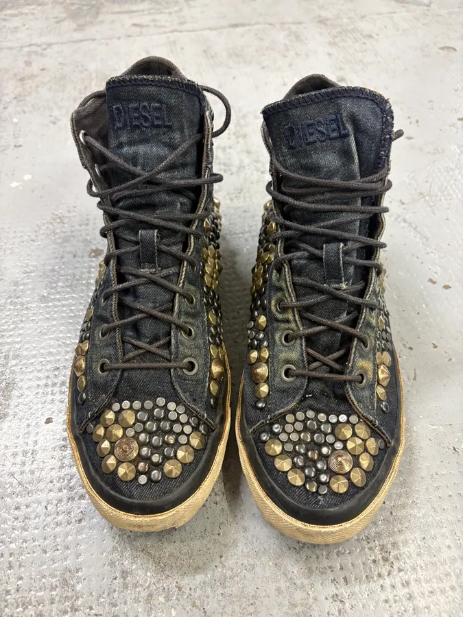 2000s Diesel Navy Denim Studded High Sneakers - Image 2
