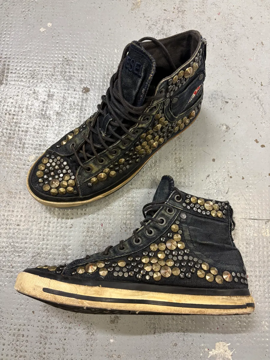 2000s Diesel Navy Denim Studded High Sneakers - Image 6