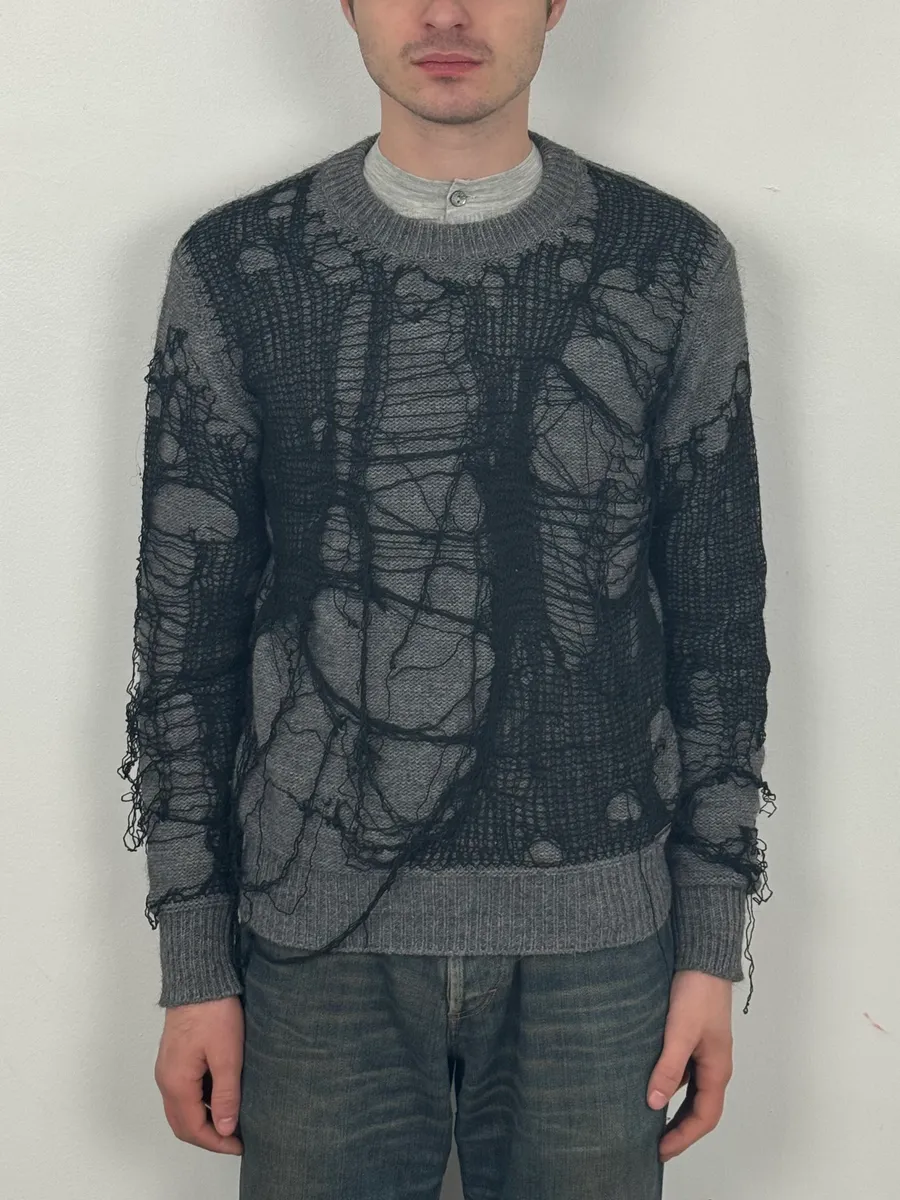 2000s Diesel Spiderweb Destroyed Grey Wool Sweater - Image 2