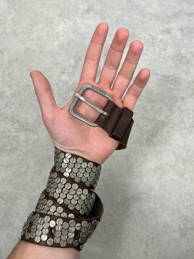 2000s Diesel Studded Brown Leather Belt - Image 2