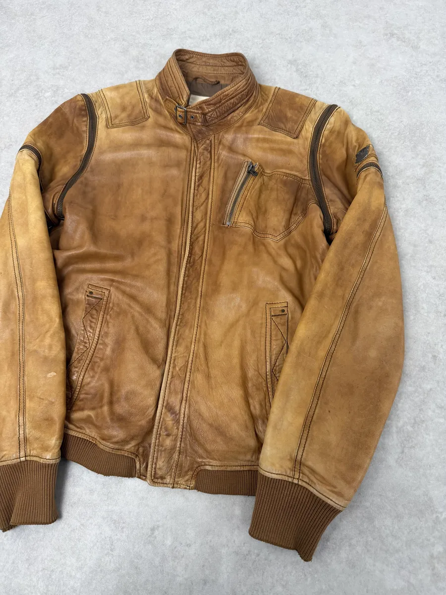 2000s Diesel Sun Faded Brown Multi-Zip Leather Jacket - Image 10