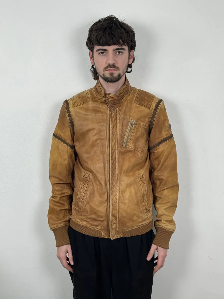 2000s Diesel Sun Faded Brown Multi-Zip Leather Jacket - Image 2