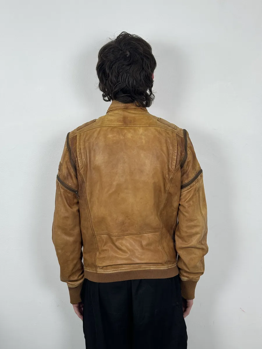2000s Diesel Sun Faded Brown Multi-Zip Leather Jacket - Image 3