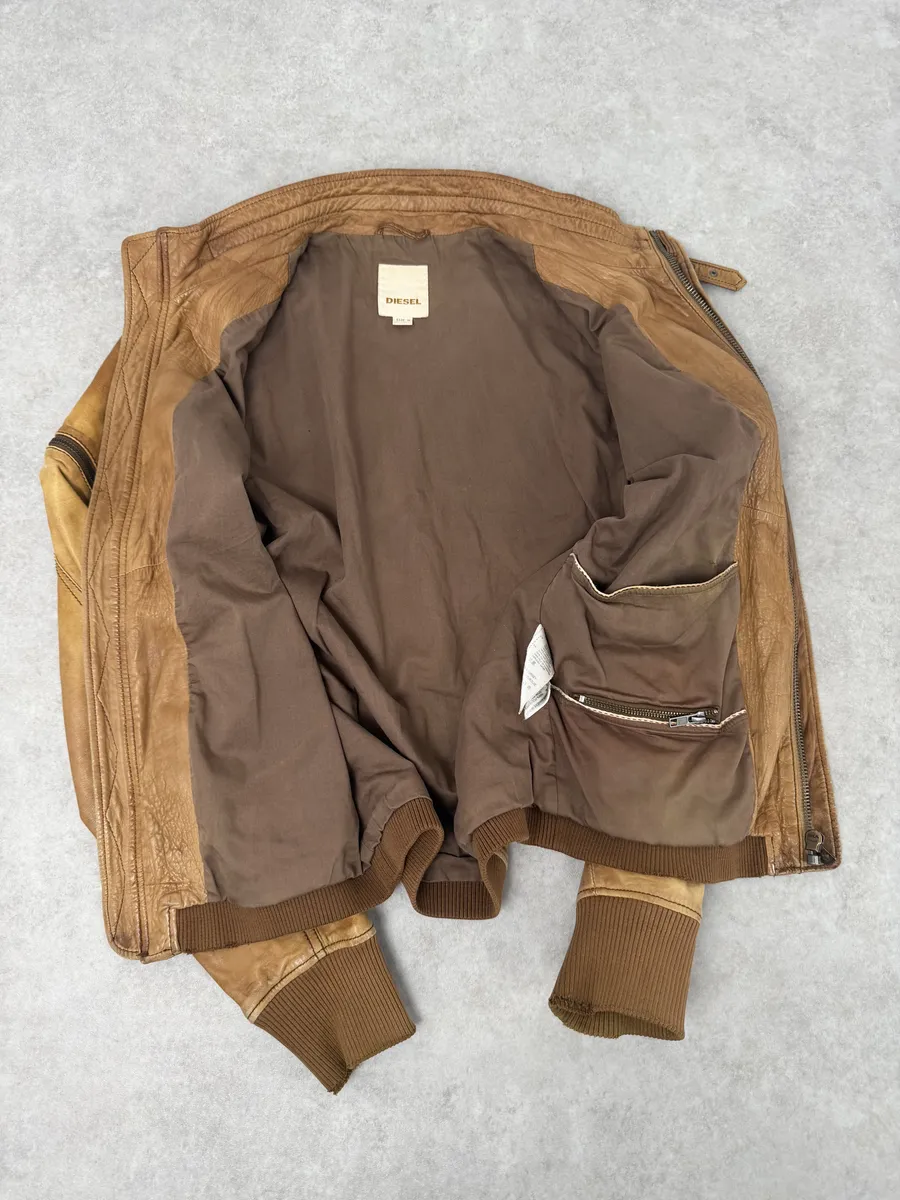 2000s Diesel Sun Faded Brown Multi-Zip Leather Jacket - Image 7
